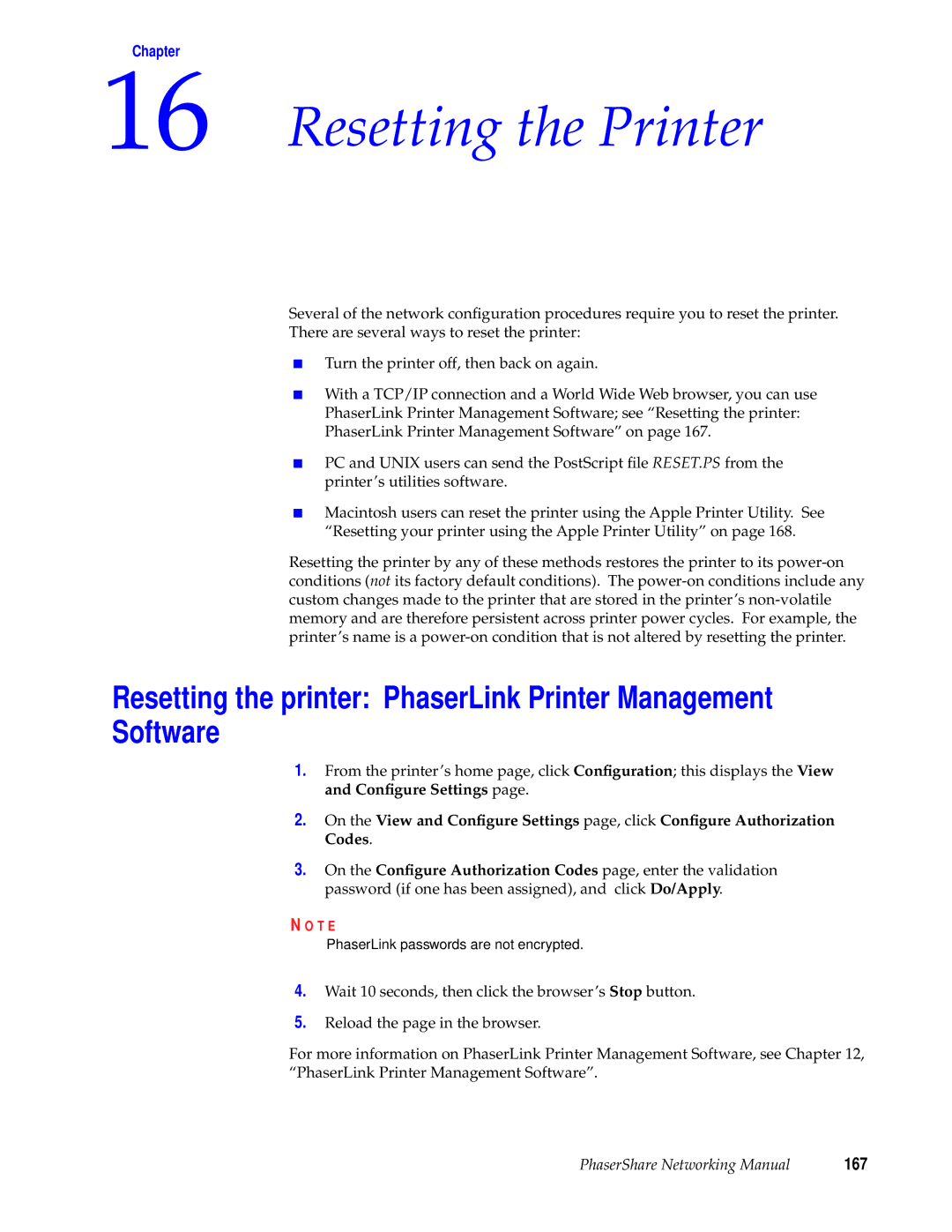 Tektronix Phasershare Printer manual Resetting the Printer, 167 