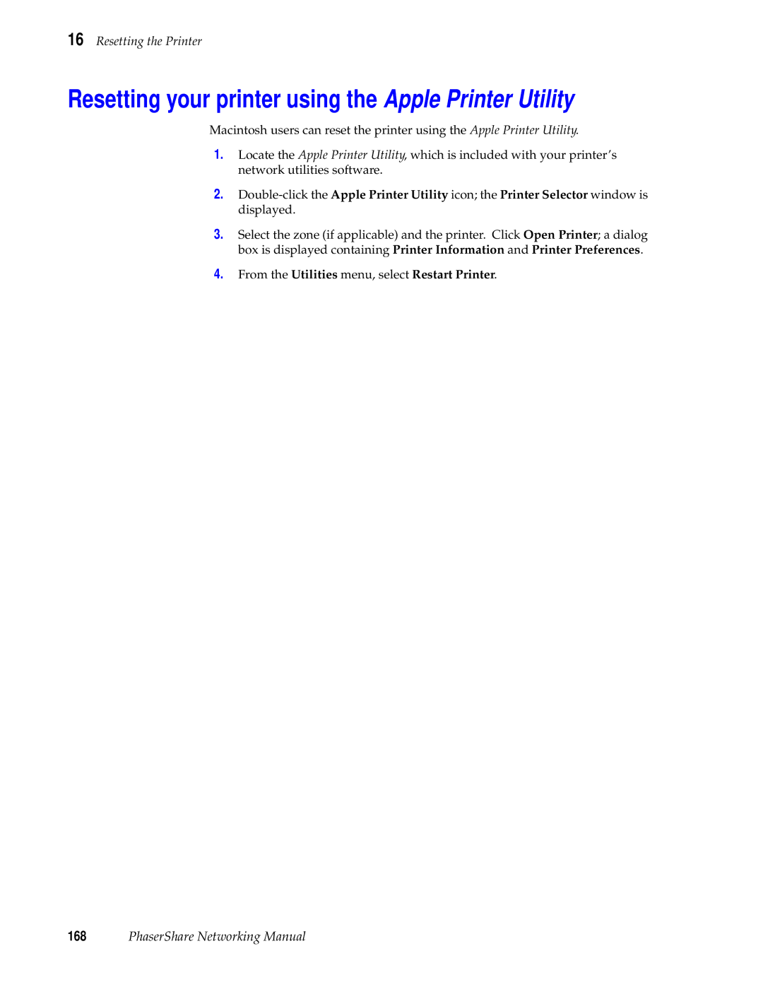 Tektronix Phasershare Printer manual Resetting your printer using the Apple Printer Utility 