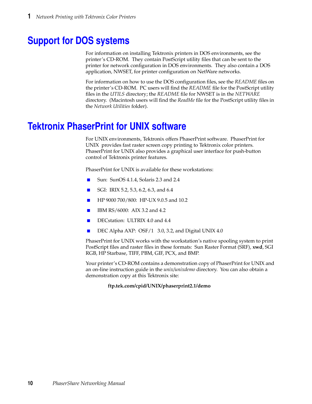 Tektronix Phasershare Printer manual Support for DOS systems, Tektronix PhaserPrint for Unix software 