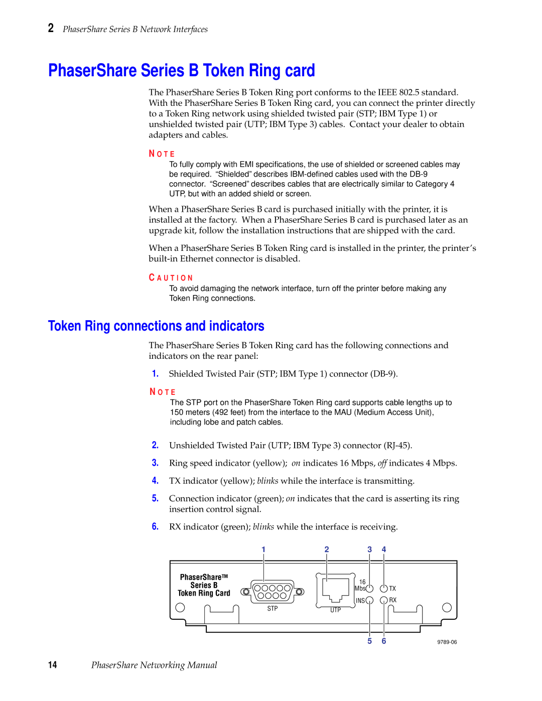 Tektronix Phasershare Printer manual PhaserShare Series B Token Ring card, Token Ring connections and indicators 