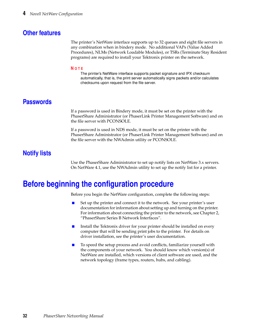 Tektronix Phasershare Printer manual Before beginning the conﬁguration procedure, Other features, Passwords, Notify lists 