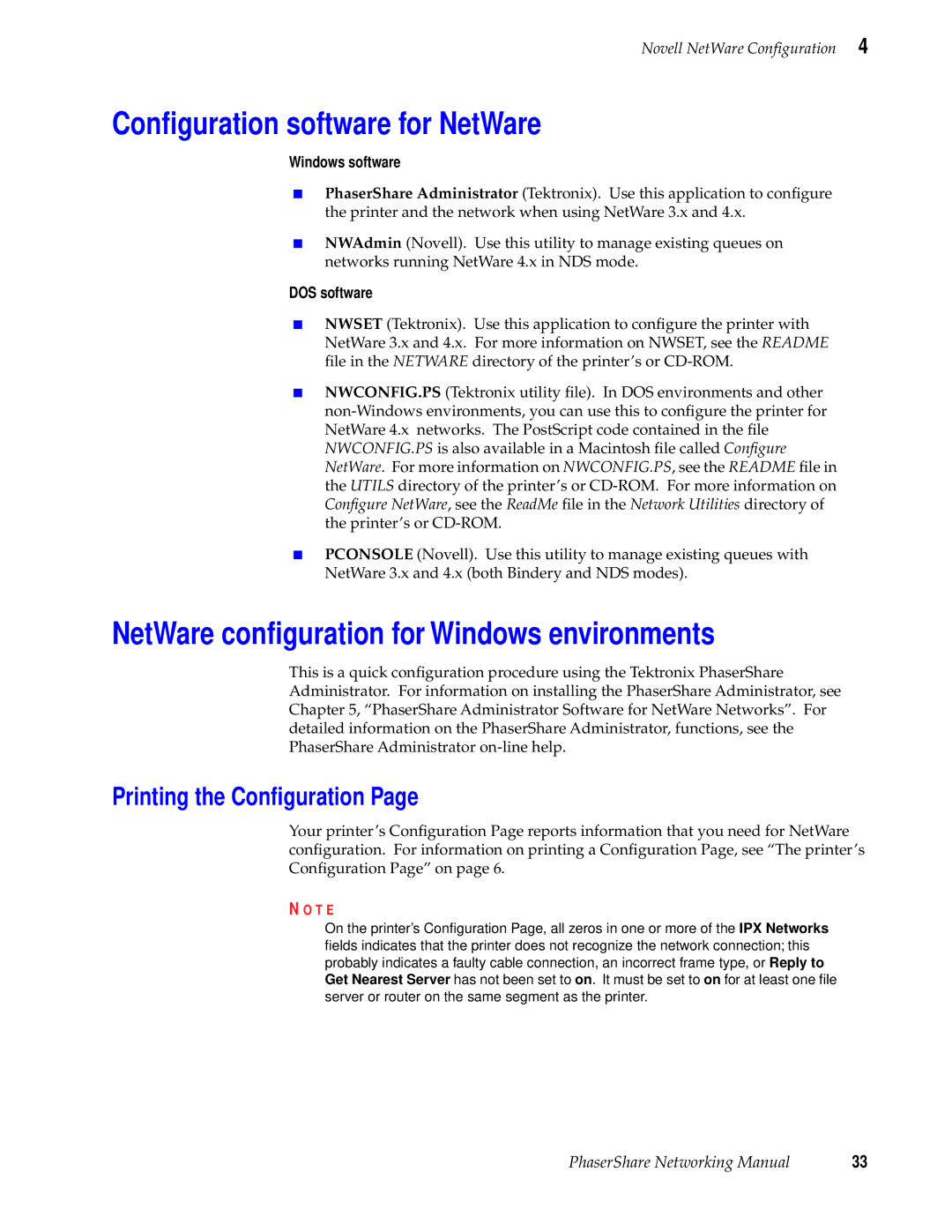 Tektronix Phasershare Printer manual Conﬁguration software for NetWare, NetWare conﬁguration for Windows environments 