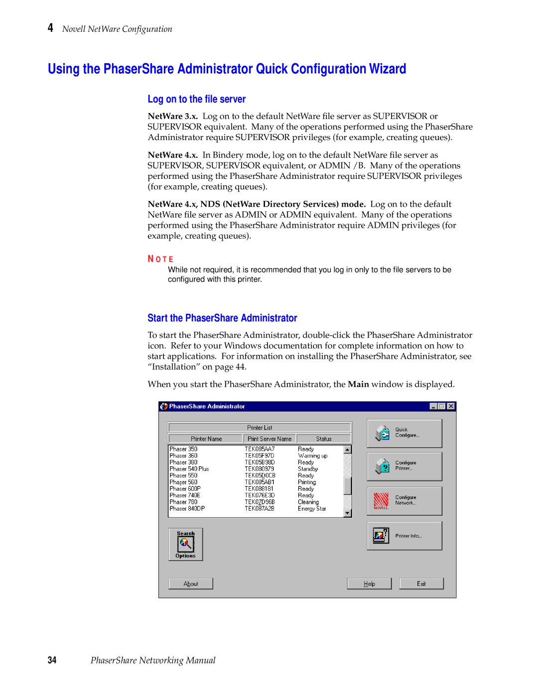 Tektronix Phasershare Printer manual Log on to the ﬁle server, Start the PhaserShare Administrator 