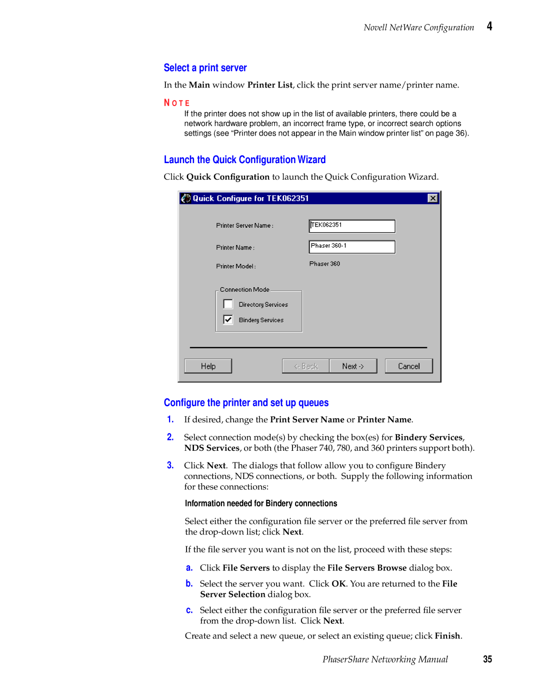 Tektronix Phasershare Printer manual Select a print server, Launch the Quick Conﬁguration Wizard 