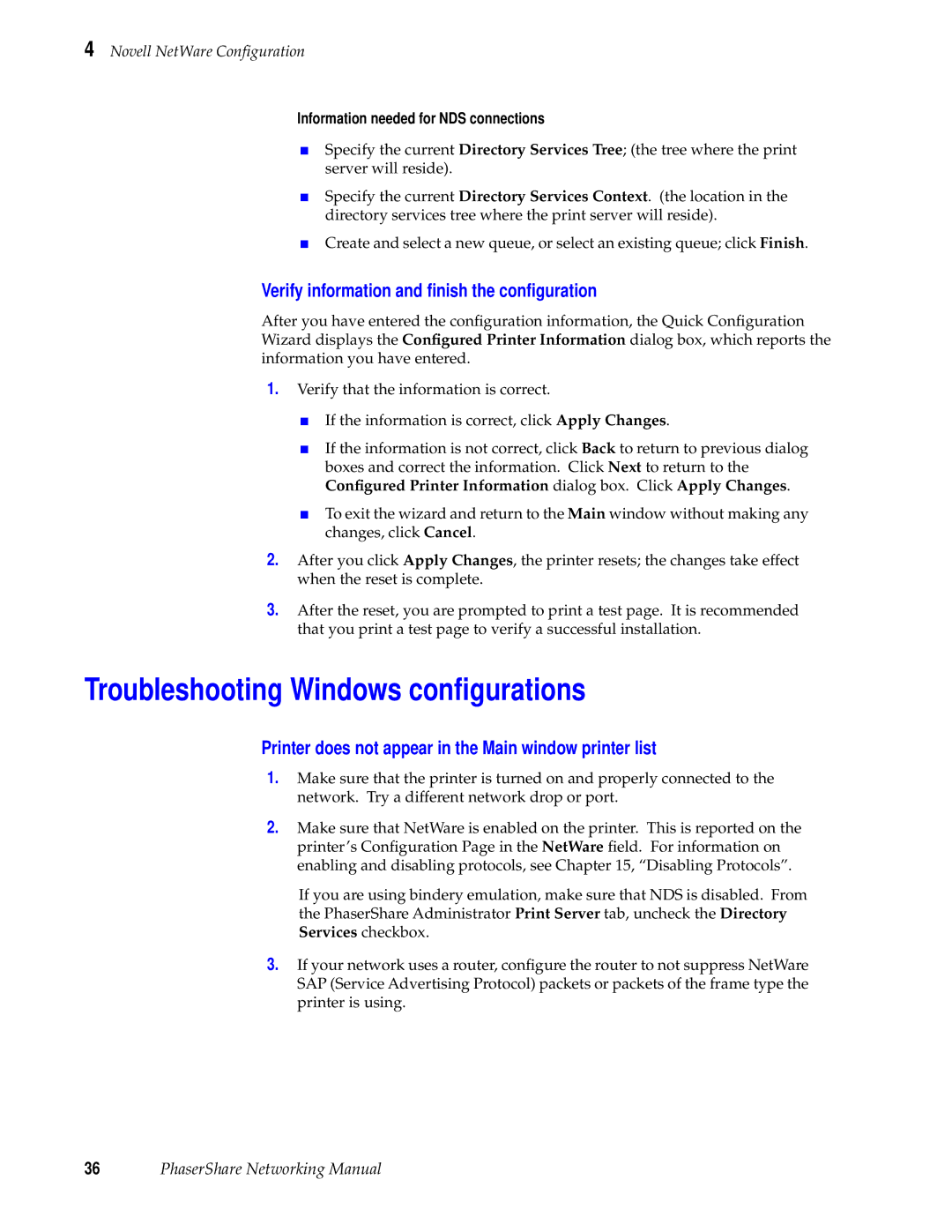 Tektronix Phasershare Printer manual Troubleshooting Windows conﬁgurations, Verify information and ﬁnish the conﬁguration 