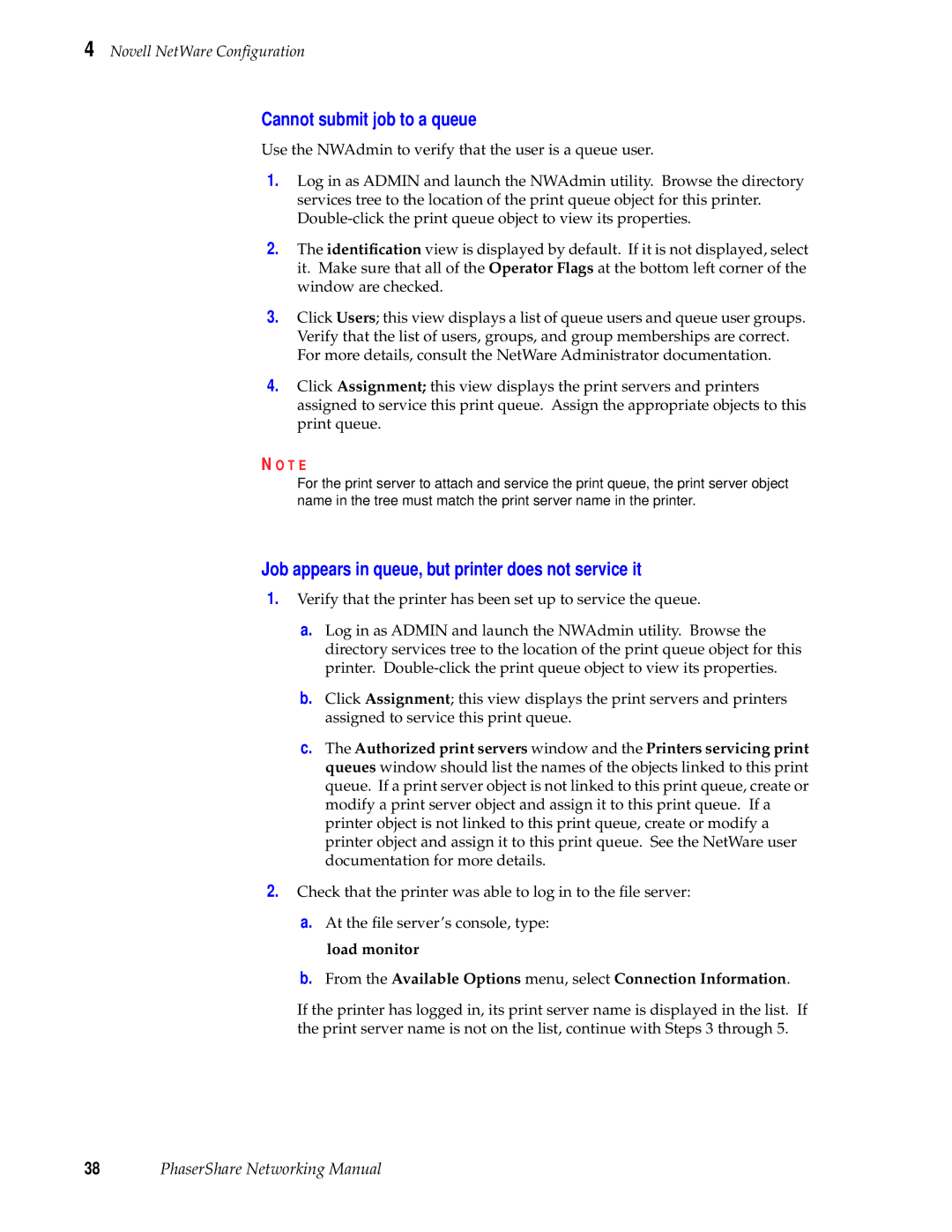 Tektronix Phasershare Printer manual Cannot submit job to a queue, Job appears in queue, but printer does not service it 