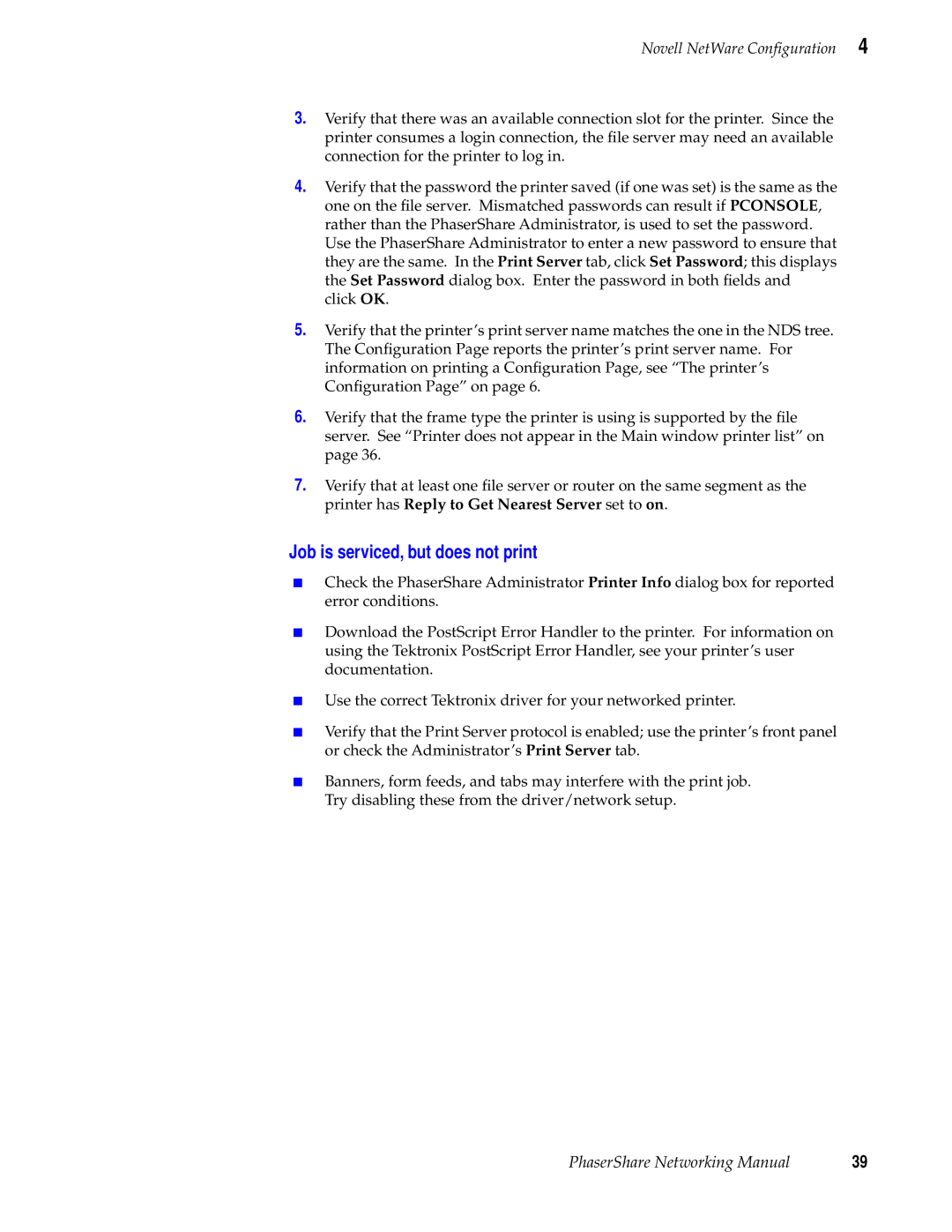 Tektronix Phasershare Printer manual Job is serviced, but does not print 