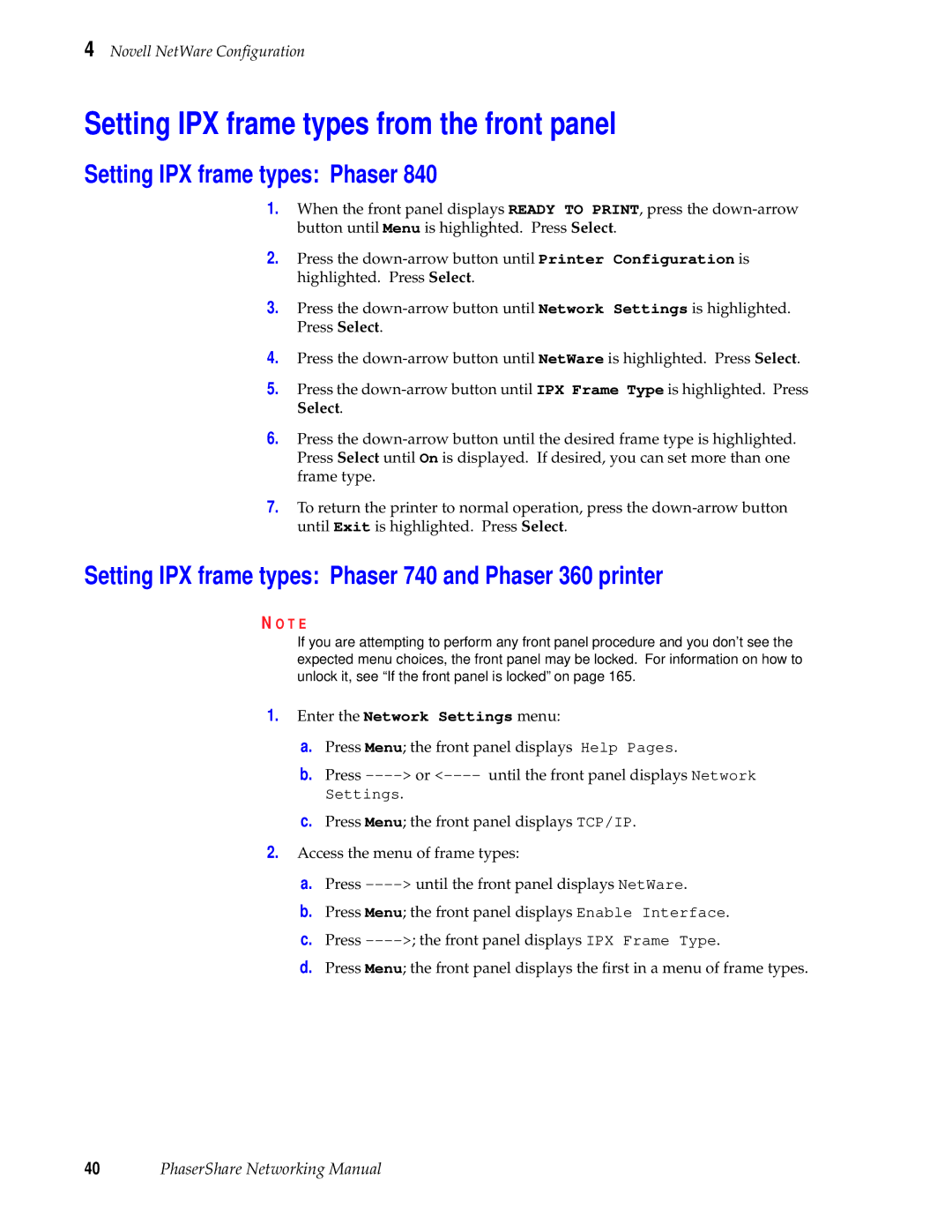 Tektronix Phasershare Printer manual Setting IPX frame types from the front panel, Setting IPX frame types Phaser 