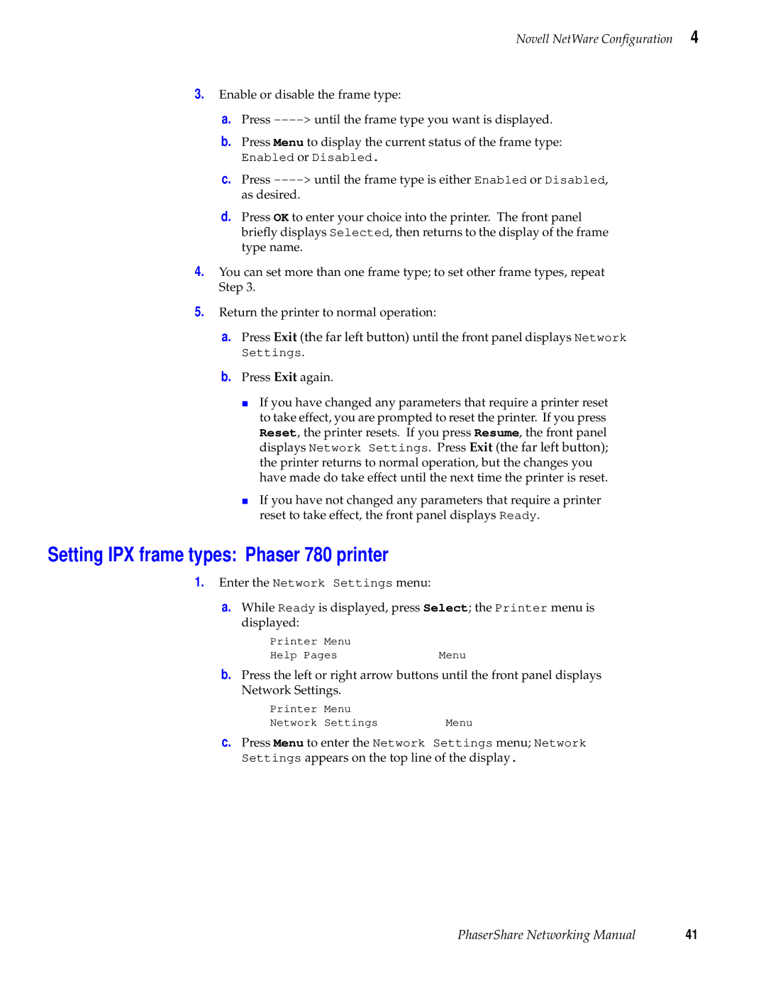 Tektronix Phasershare Printer manual Setting IPX frame types Phaser 780 printer 