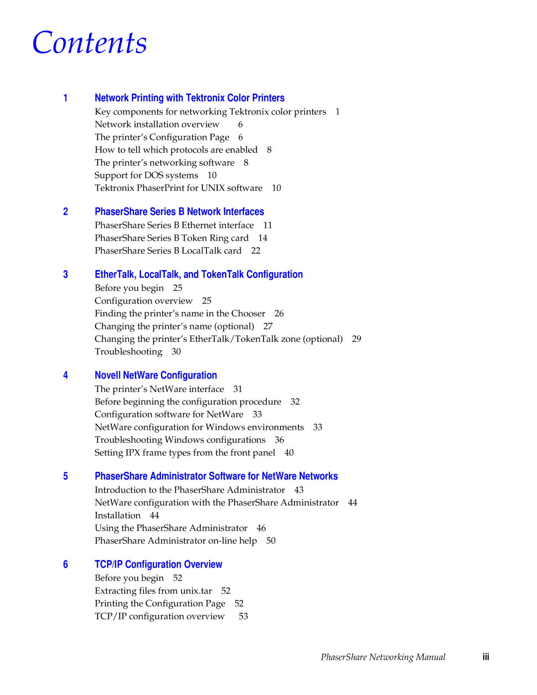 Tektronix Phasershare Printer manual Contents 