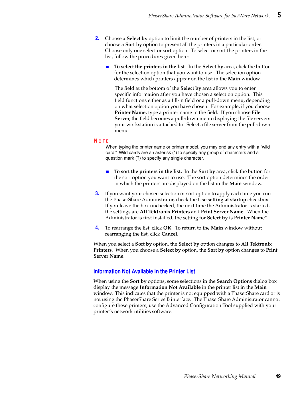 Tektronix Phasershare Printer manual Information Not Available in the Printer List 