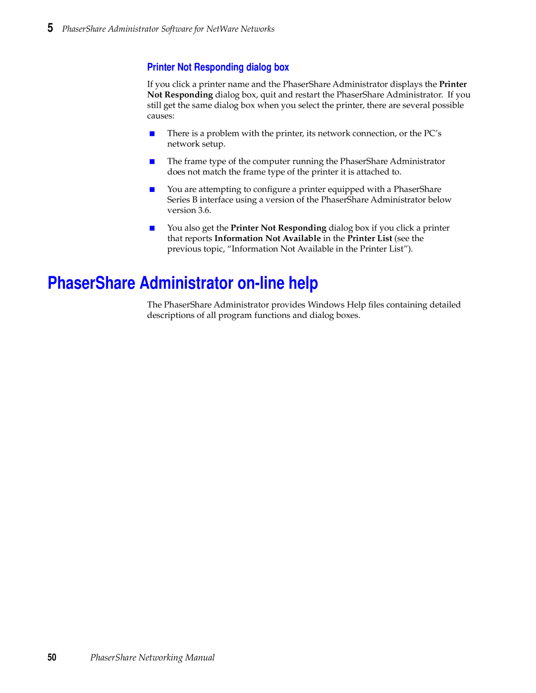 Tektronix Phasershare Printer manual PhaserShare Administrator on-line help, Printer Not Responding dialog box 