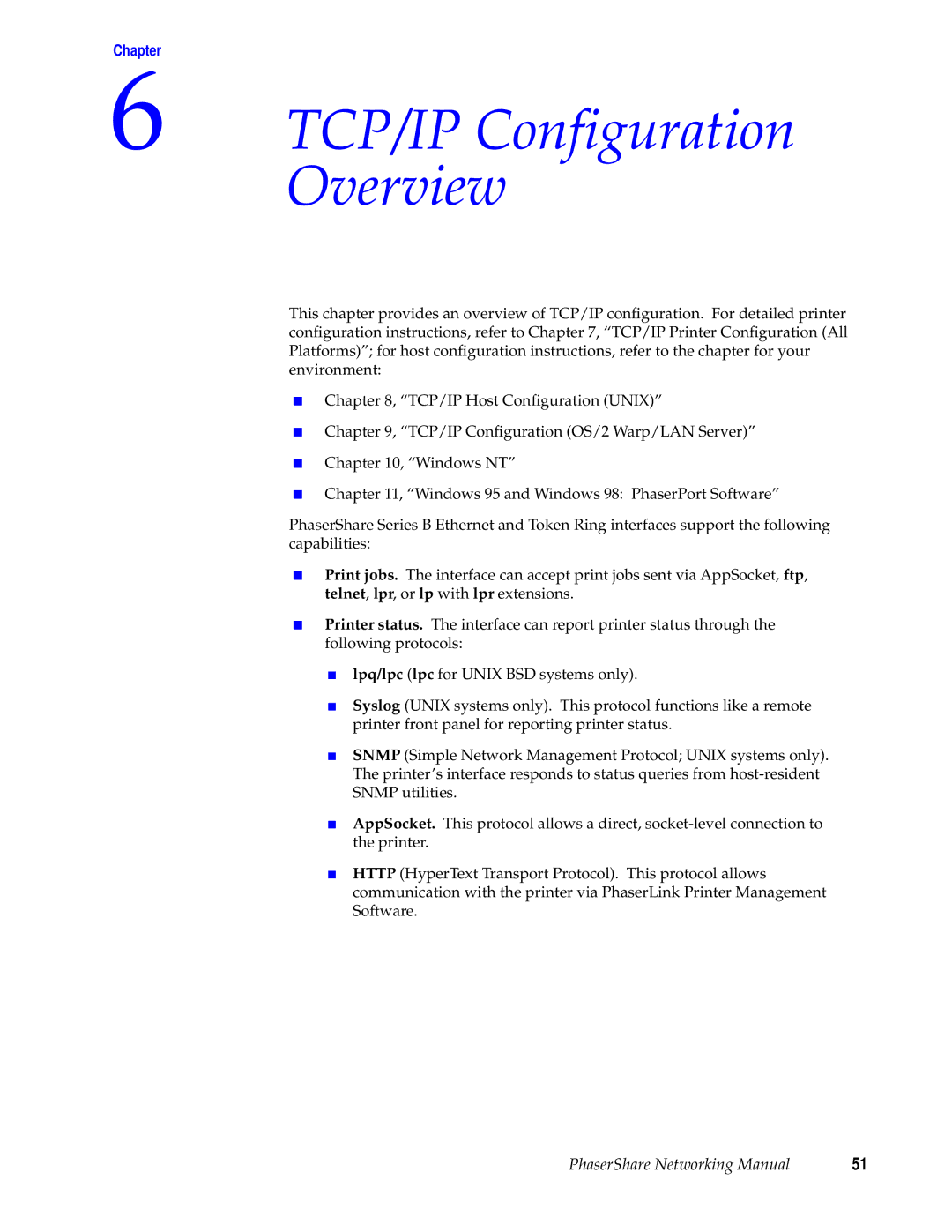 Tektronix Phasershare Printer manual TCP/IP Configuration Overview, Chapter 