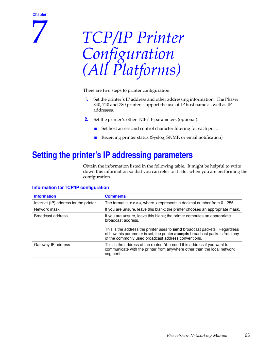 Tektronix Phasershare Printer TCP/IP Printer Configuration All Platforms, Setting the printer’s IP addressing parameters 