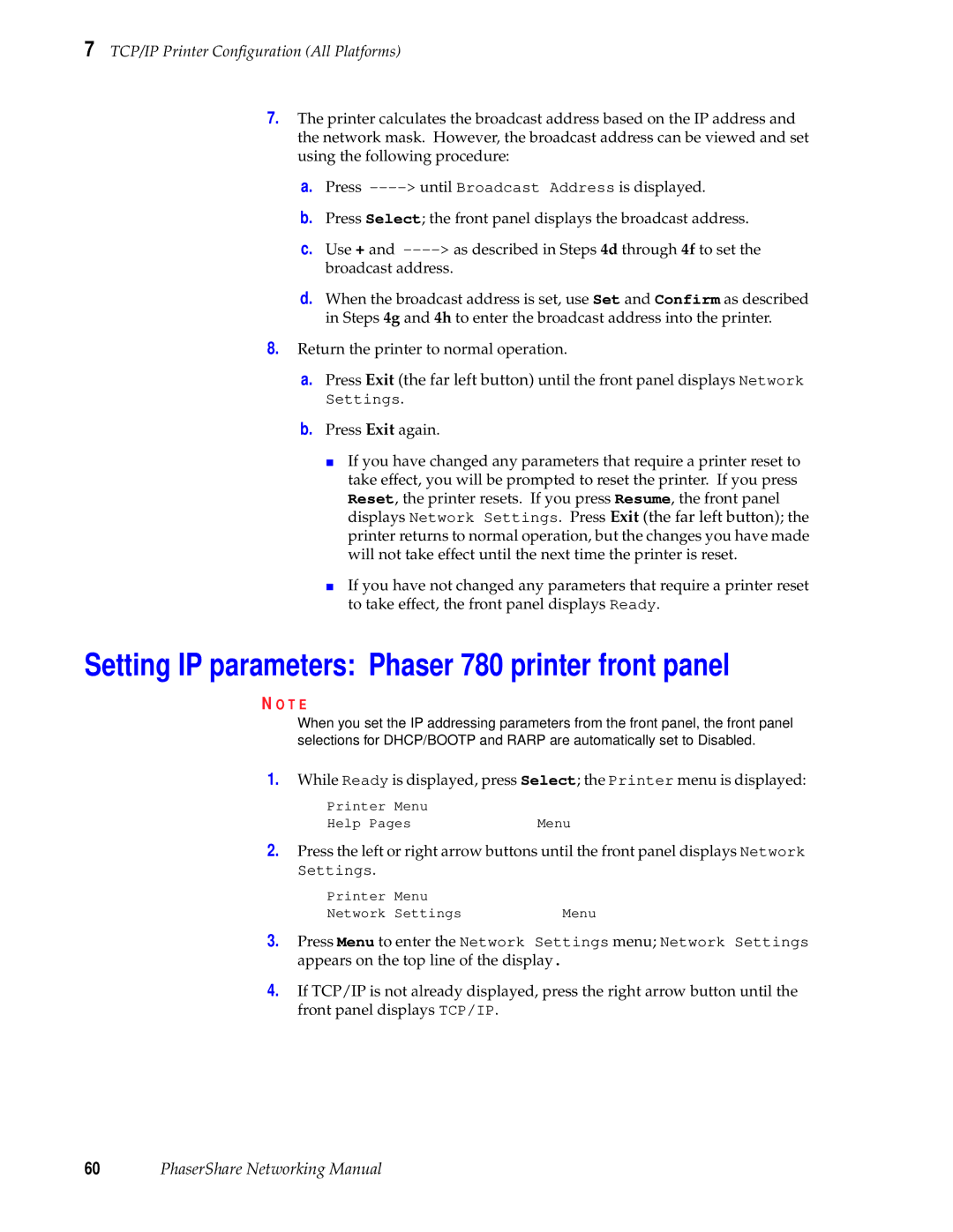 Tektronix Phasershare Printer manual Setting IP parameters Phaser 780 printer front panel 