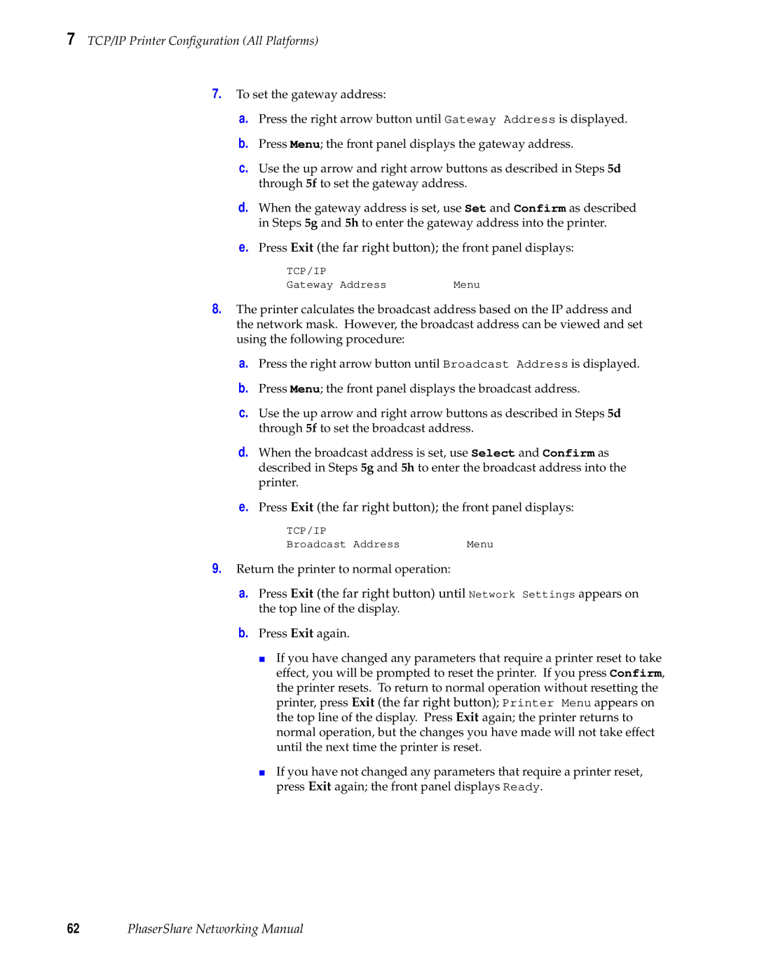 Tektronix Phasershare Printer manual Gateway Address Menu 