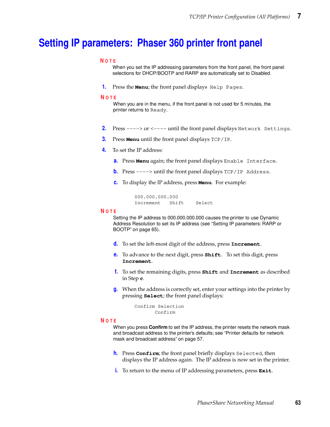 Tektronix Phasershare Printer manual Setting IP parameters Phaser 360 printer front panel 