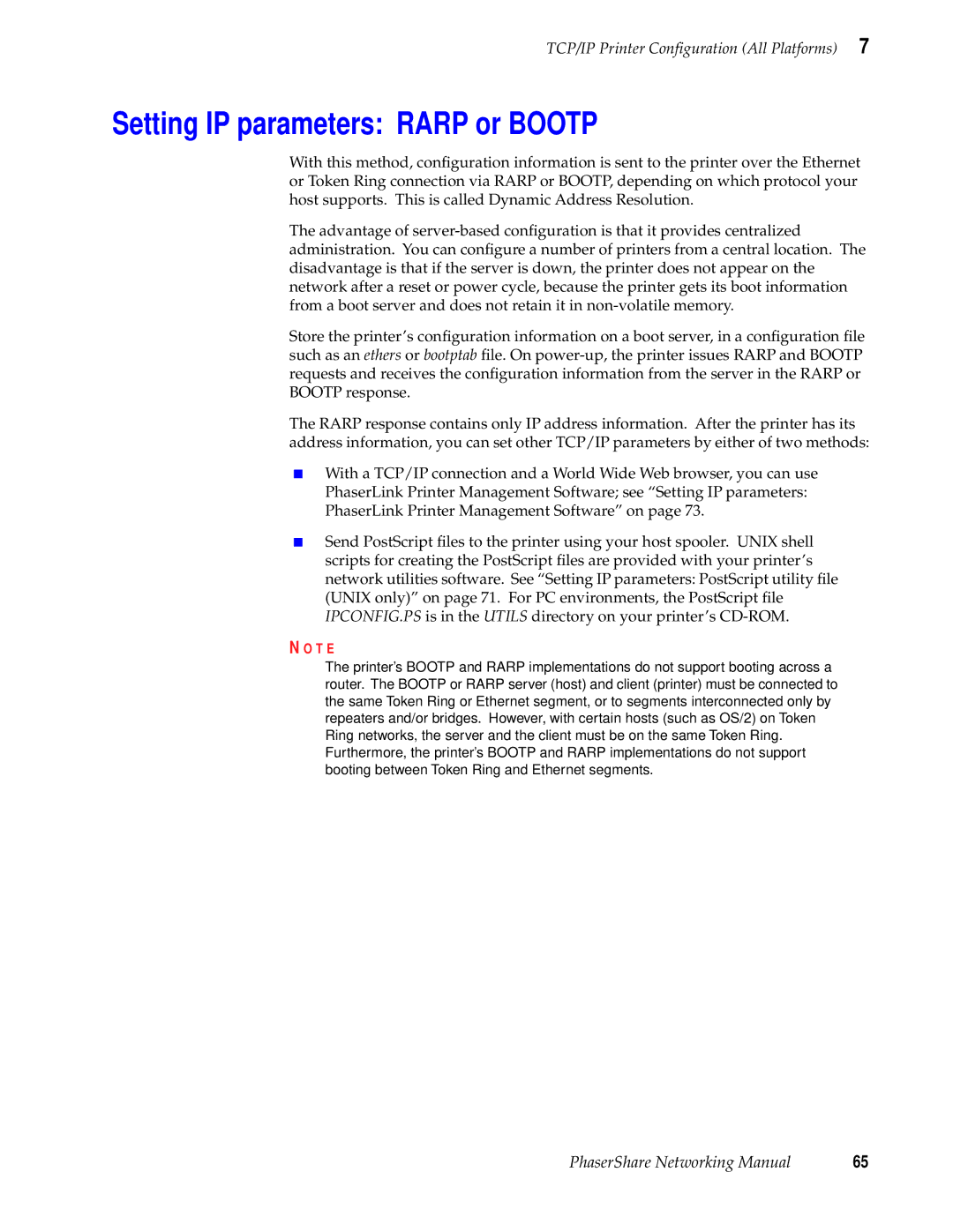 Tektronix Phasershare Printer manual Setting IP parameters Rarp or Bootp 