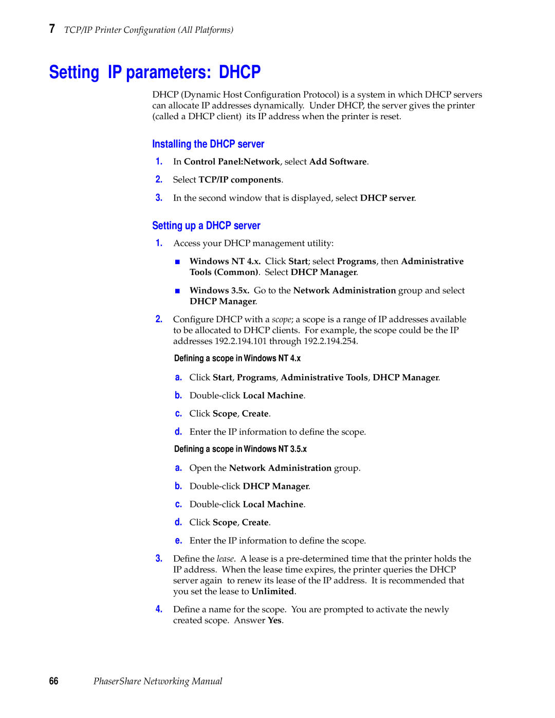 Tektronix Phasershare Printer manual Setting IP parameters Dhcp, Installing the Dhcp server, Setting up a Dhcp server 