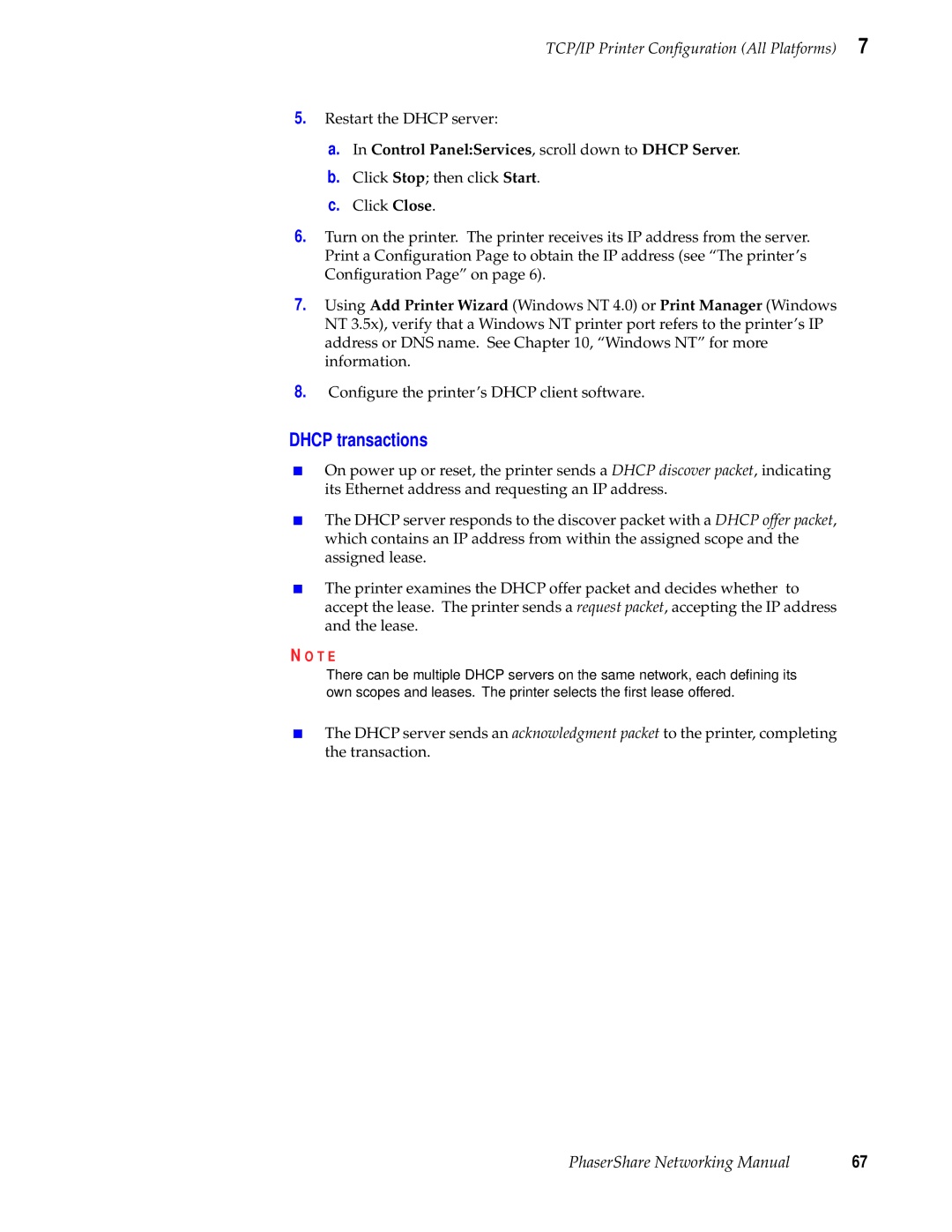 Tektronix Phasershare Printer manual Dhcp transactions, Control PanelServices, scroll down to Dhcp Server 