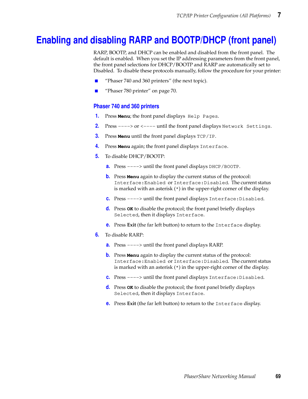 Tektronix Phasershare Printer manual Enabling and disabling Rarp and BOOTP/DHCP front panel, Phaser 740 and 360 printers 