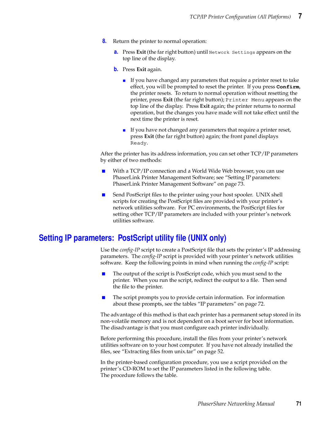 Tektronix Phasershare Printer manual Setting IP parameters PostScript utility ﬁle Unix only 