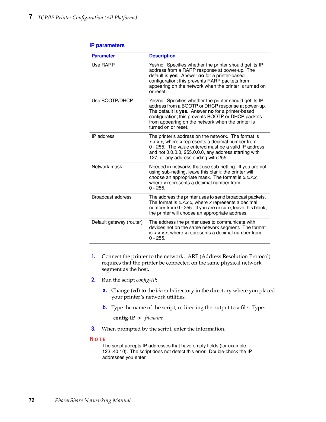 Tektronix Phasershare Printer manual IP parameters, Parameter Description 