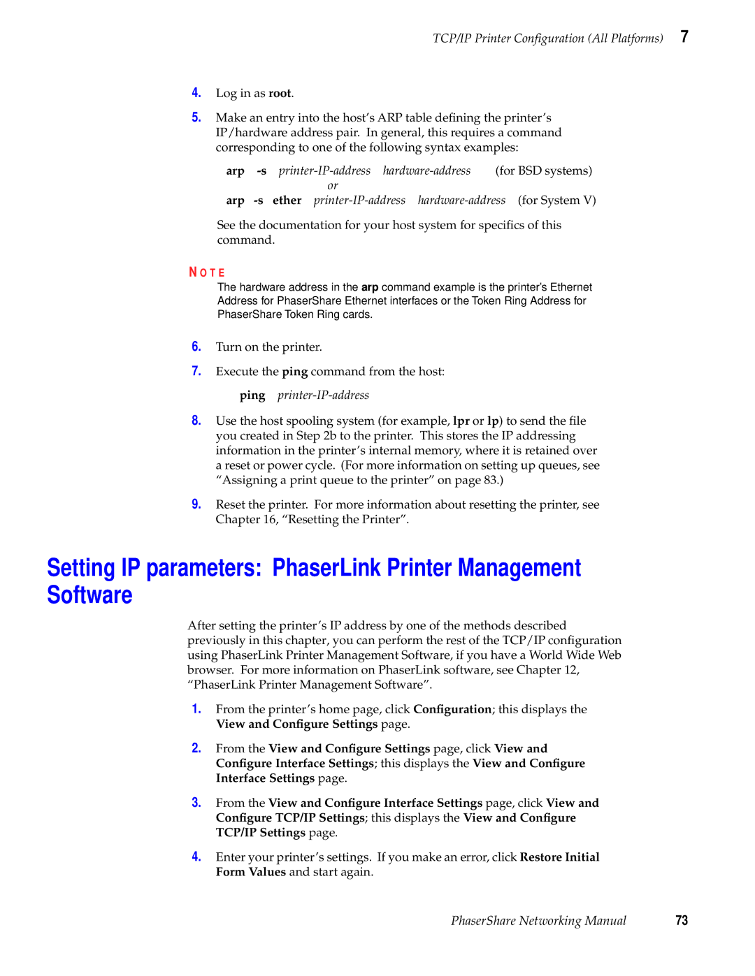 Tektronix Phasershare Printer manual Setting IP parameters PhaserLink Printer Management Software 