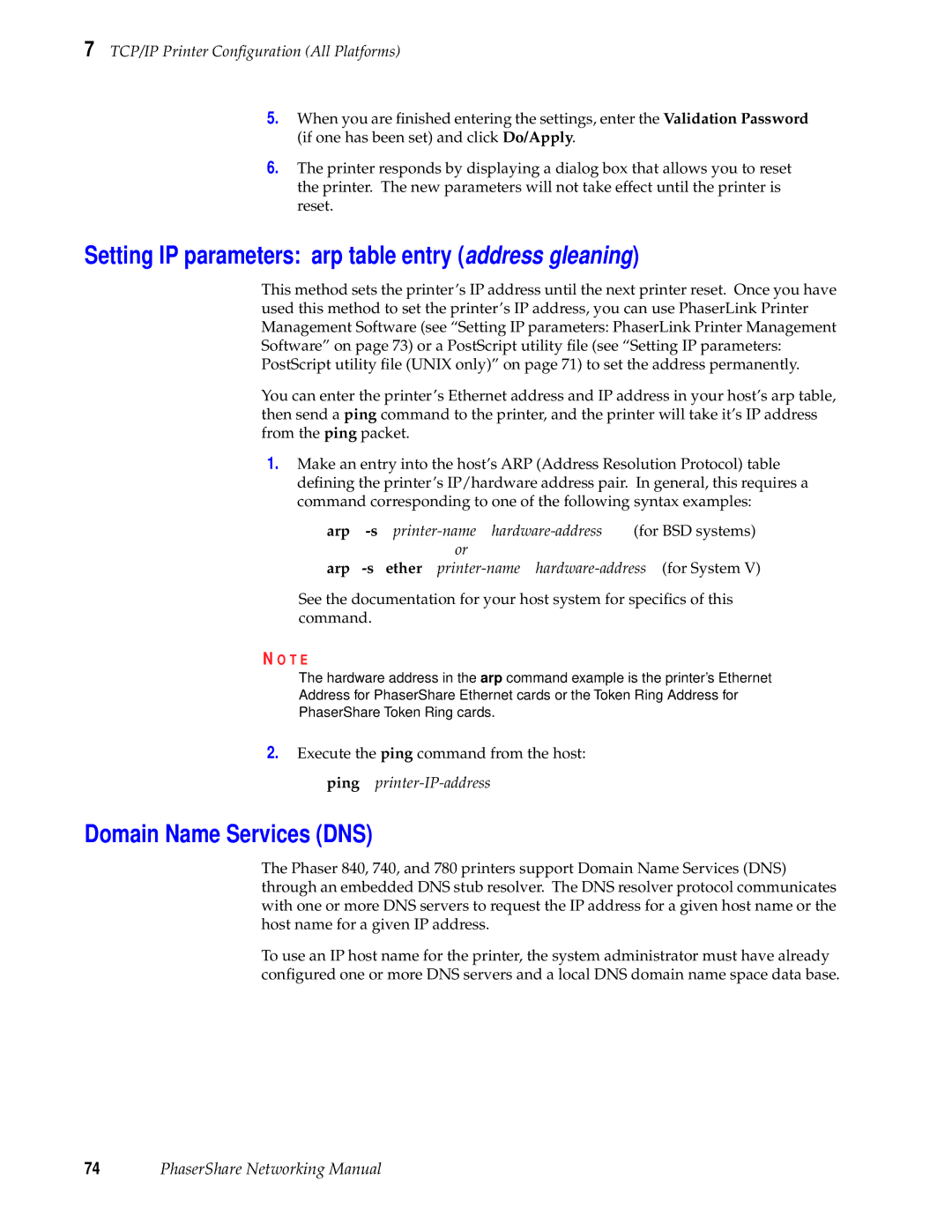 Tektronix Phasershare Printer manual Setting IP parameters arp table entry address gleaning, Domain Name Services DNS 
