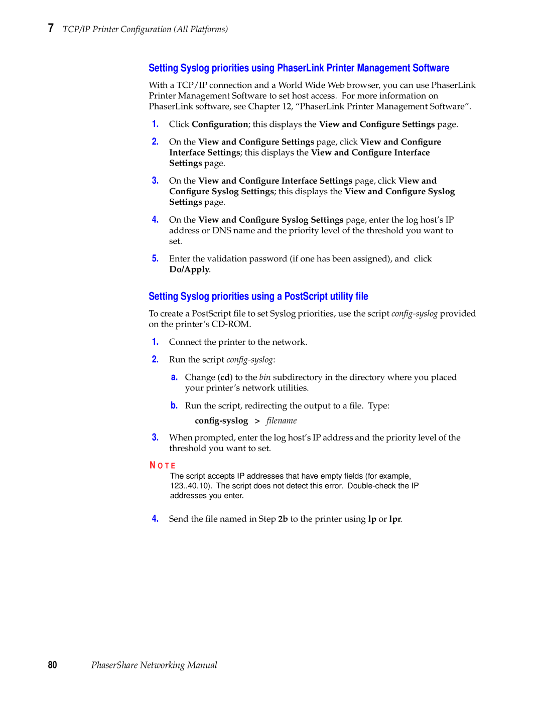 Tektronix Phasershare Printer manual Setting Syslog priorities using a PostScript utility ﬁle, Conﬁg-syslog filename 