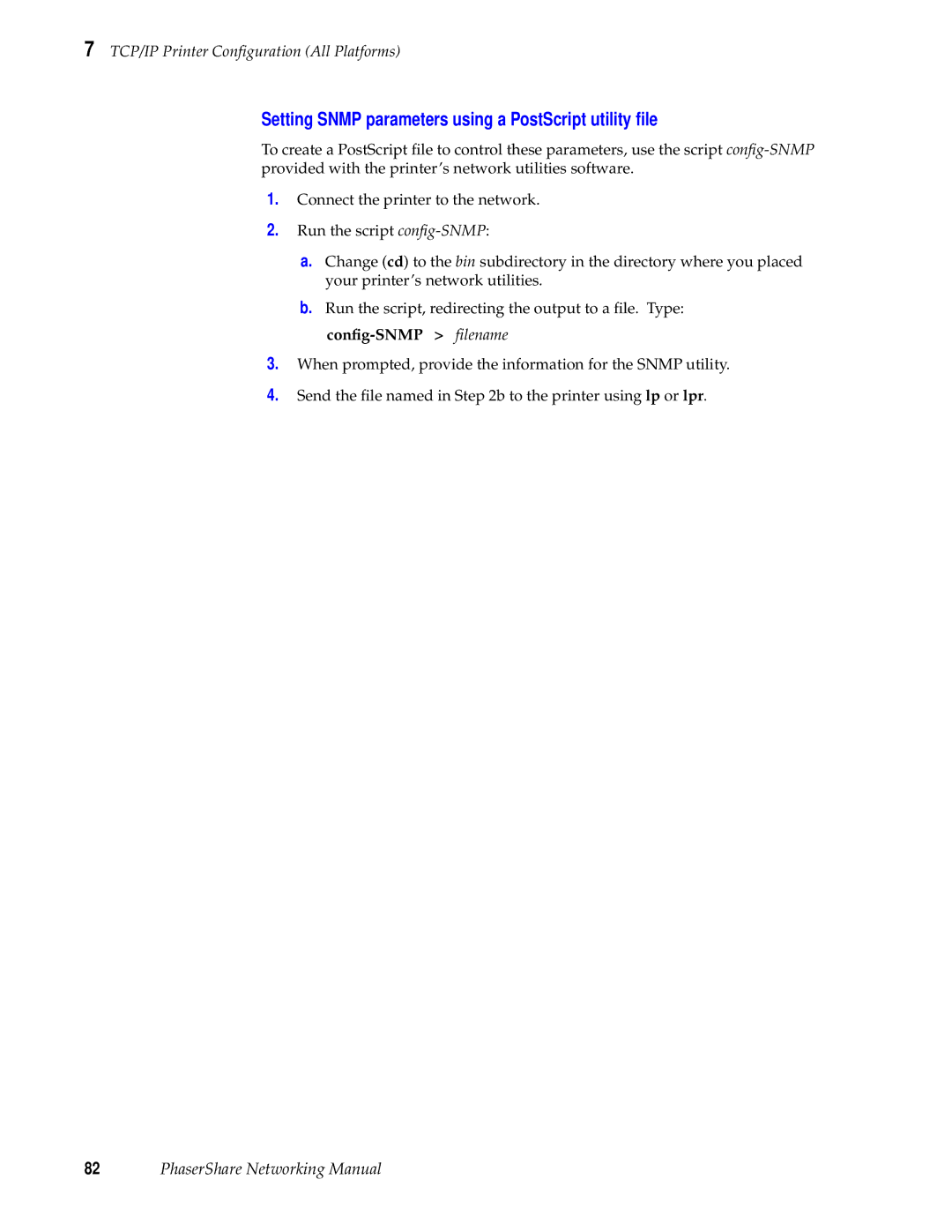 Tektronix Phasershare Printer manual Setting Snmp parameters using a PostScript utility ﬁle 