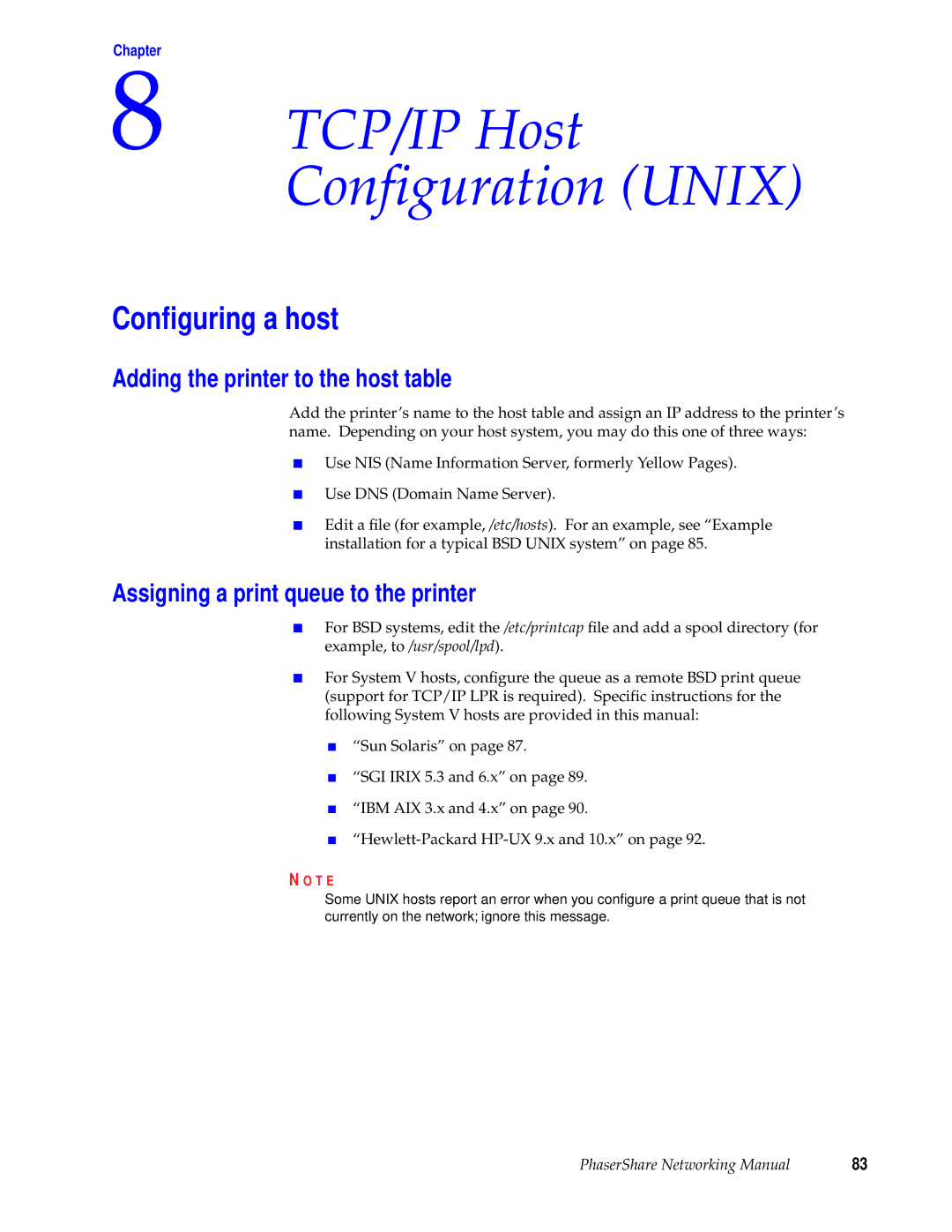 Tektronix Phasershare Printer TCP/IP Host Configuration Unix, Conﬁguring a host, Adding the printer to the host table 