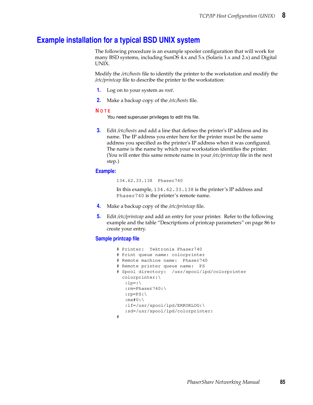 Tektronix Phasershare Printer manual Example installation for a typical BSD Unix system 