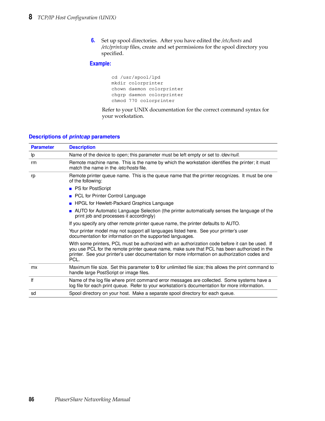 Tektronix Phasershare Printer manual Descriptions of printcap parameters, Parameter Description 