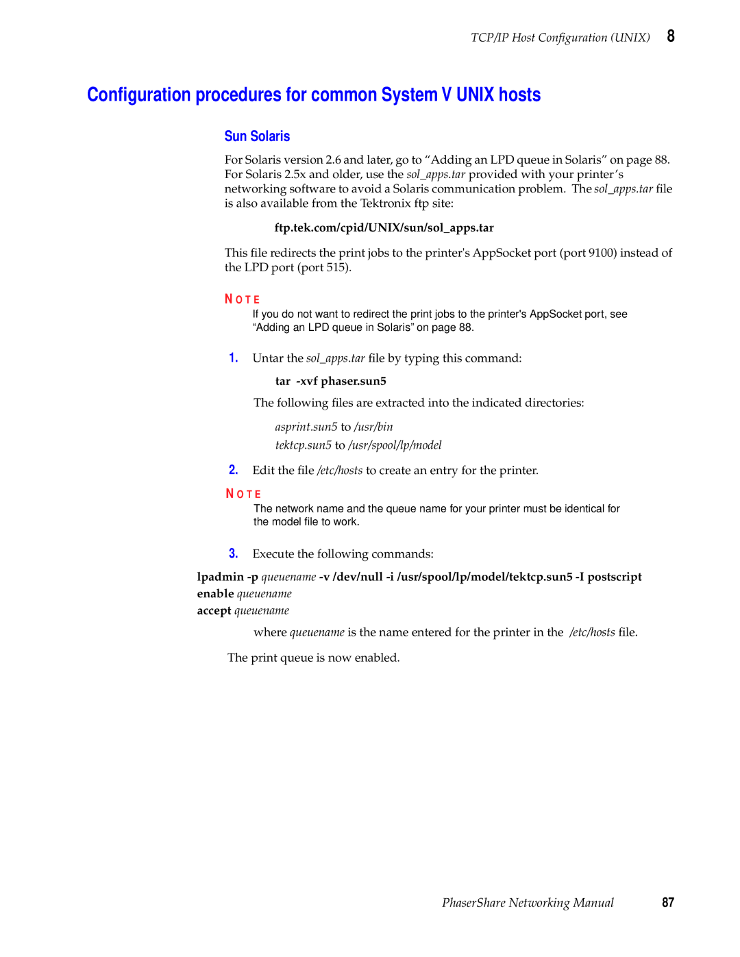 Tektronix Phasershare Printer manual Conﬁguration procedures for common System V Unix hosts, Sun Solaris 