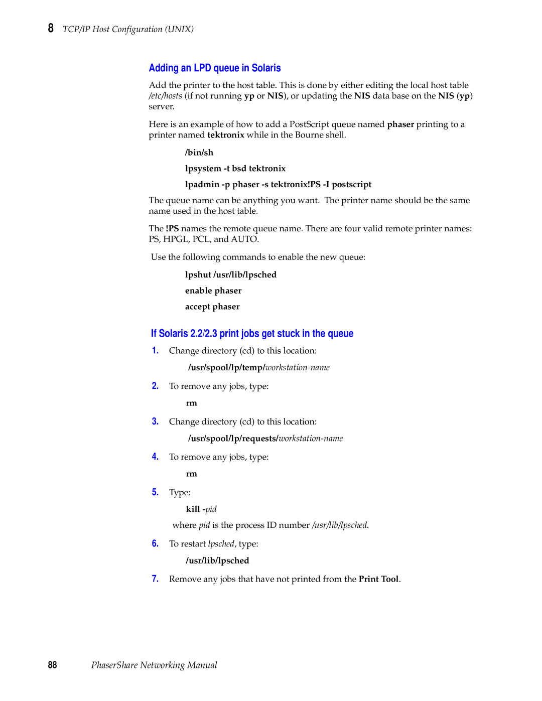 Tektronix Phasershare Printer manual Adding an LPD queue in Solaris, If Solaris 2.2/2.3 print jobs get stuck in the queue 