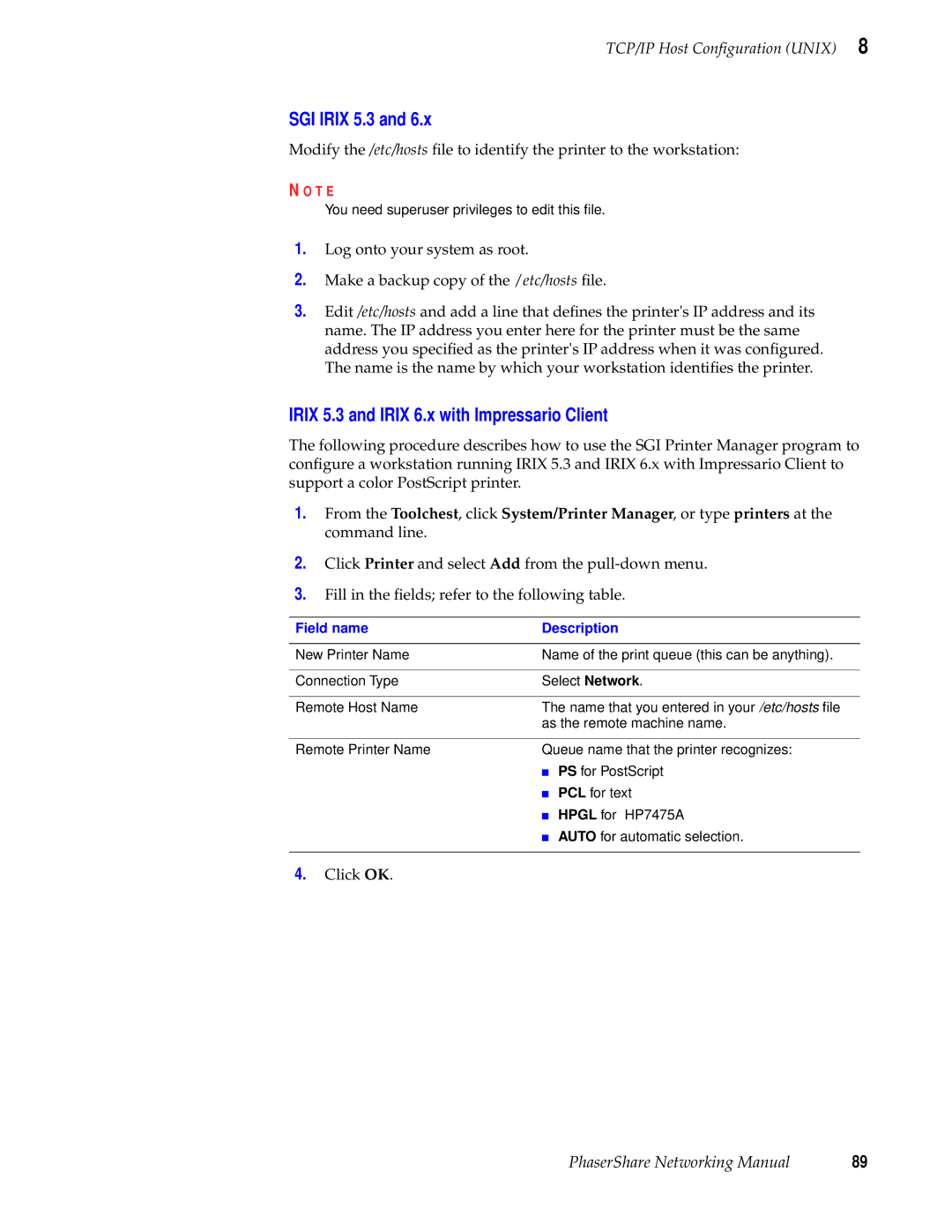 Tektronix Phasershare Printer manual SGI Irix 5.3, Irix 5.3 and Irix 6.x with Impressario Client, Field name Description 