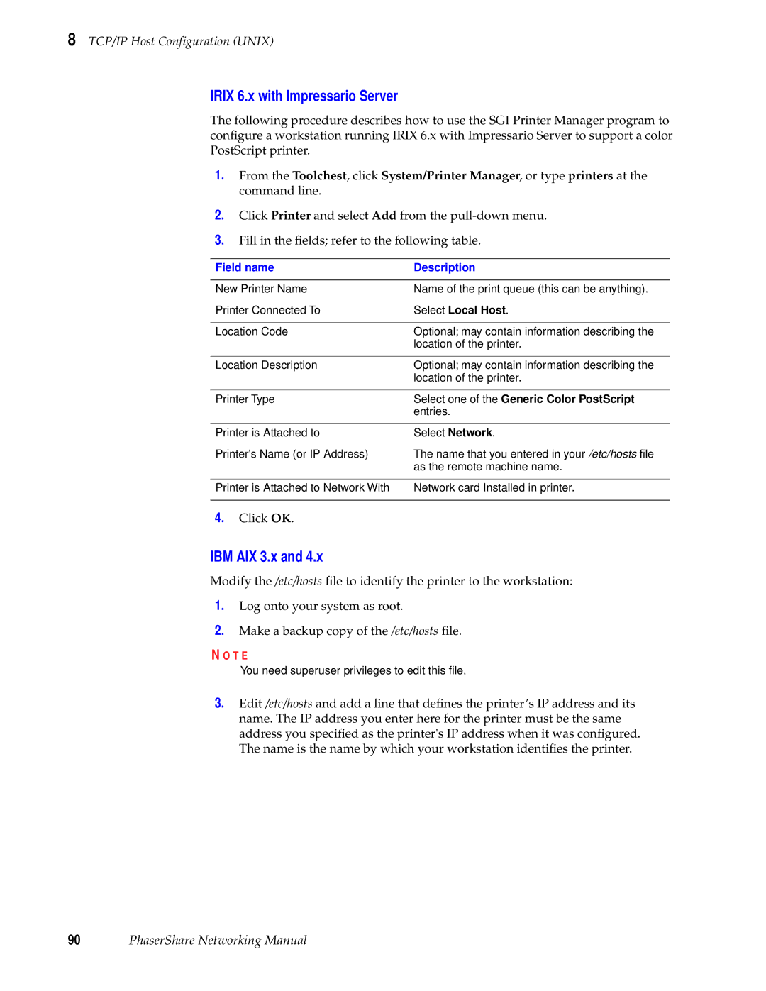 Tektronix Phasershare Printer manual Irix 6.x with Impressario Server, IBM AIX 3.x 