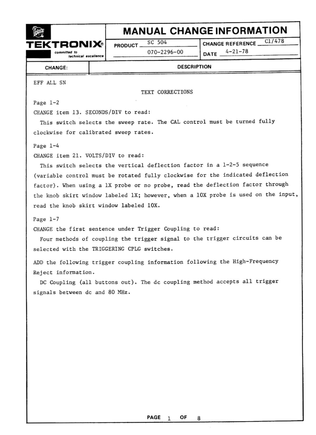 Tektronix SC 504 manual 