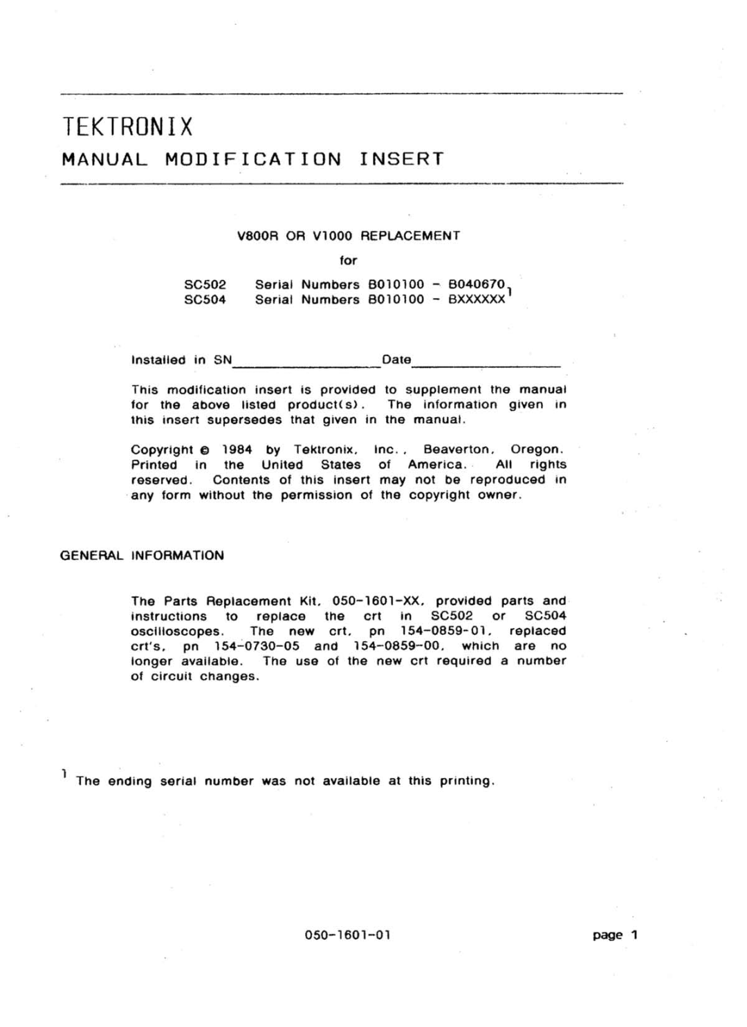 Tektronix SC 504 manual 