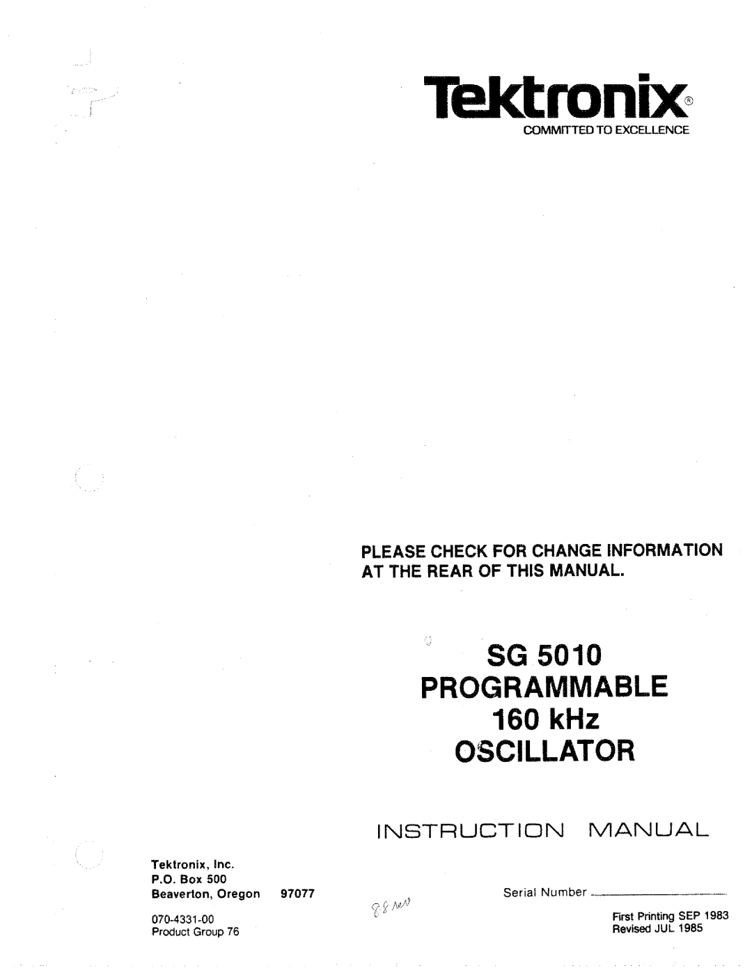 Tektronix SG 5010 manual 