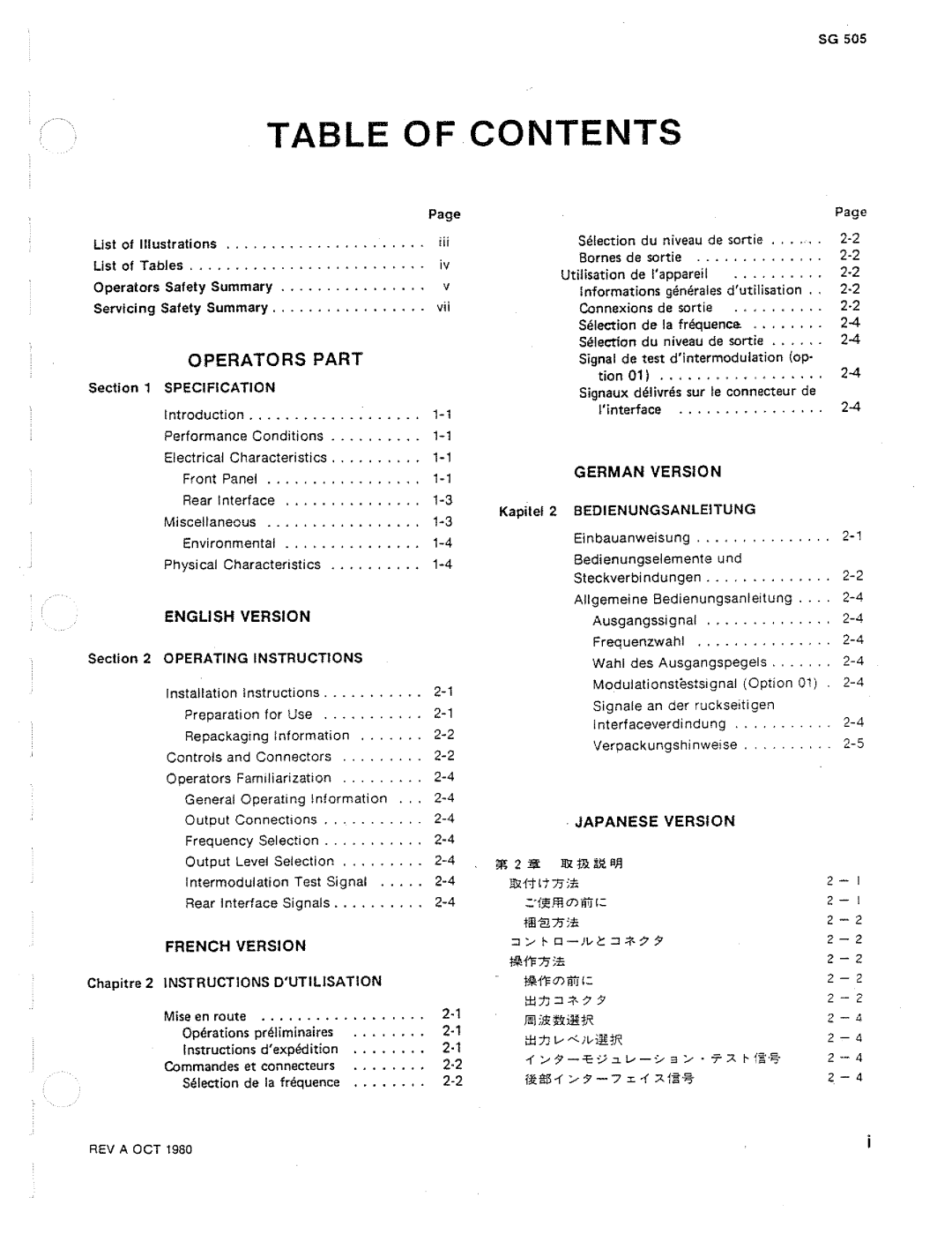 Tektronix SG 505 manual 