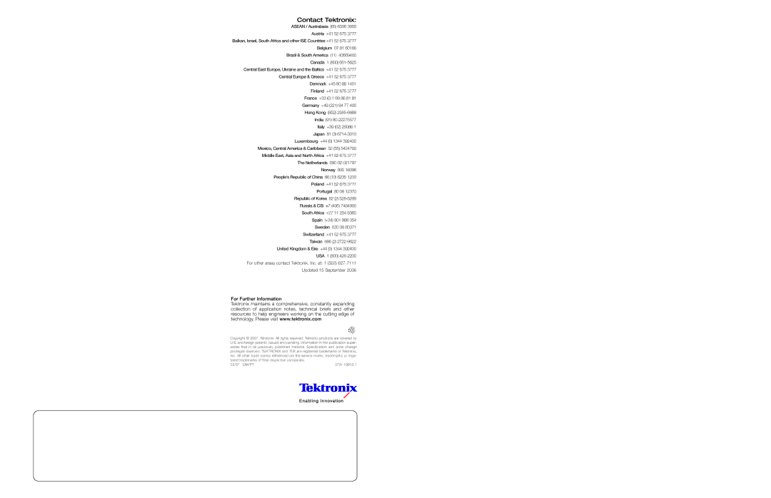 Tektronix Spectrum Analyzer manual Contact Tektronix 