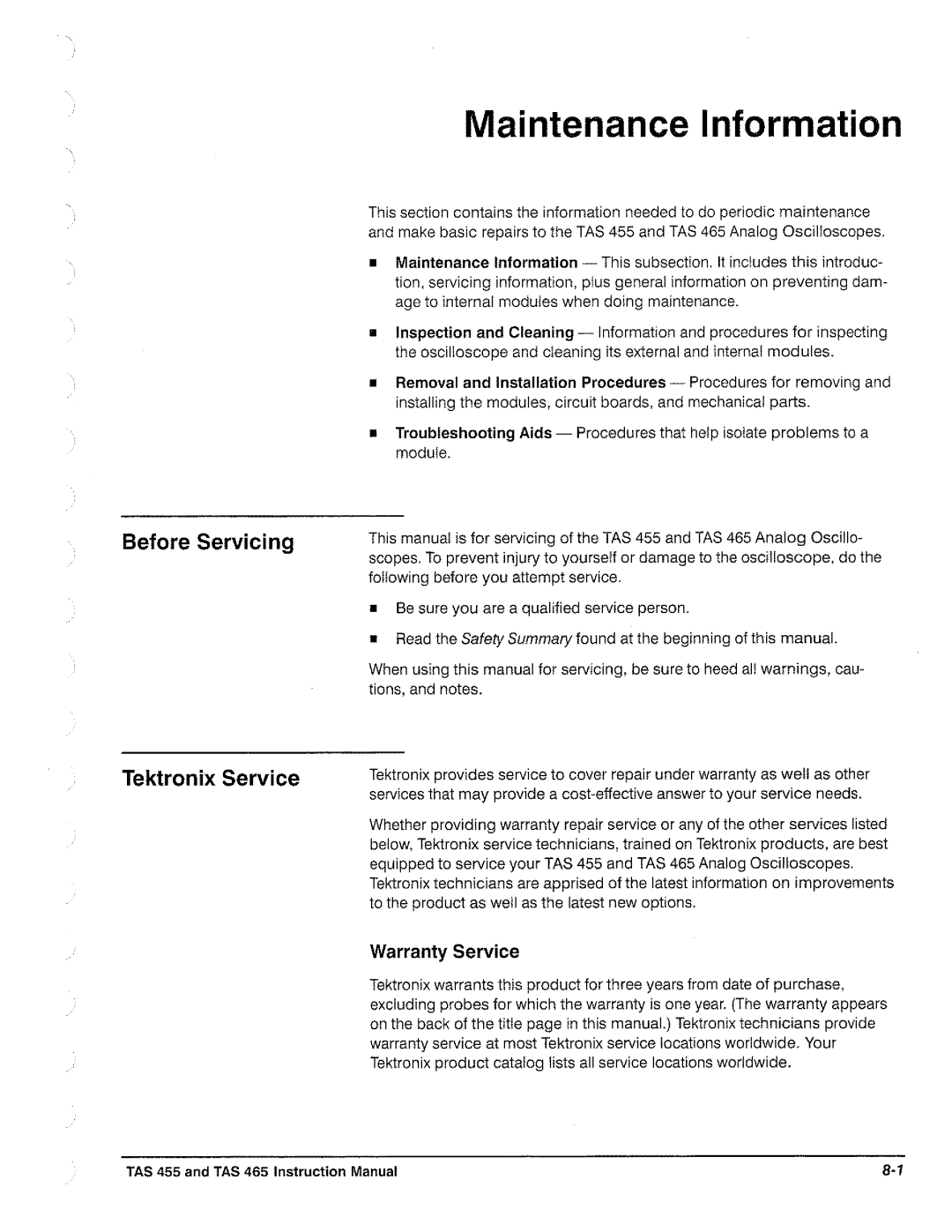 Tektronix TAS  465, TAS 455 manual 