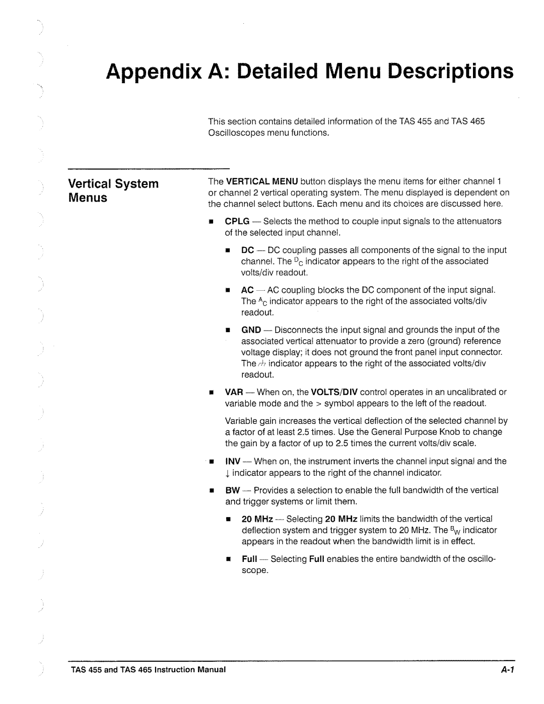 Tektronix TAS  465, TAS 455 manual 