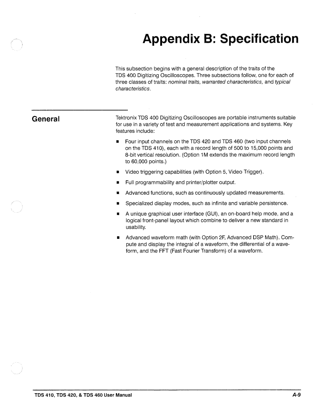 Tektronix TDS 410, TDS 420, TDS 460 manual 