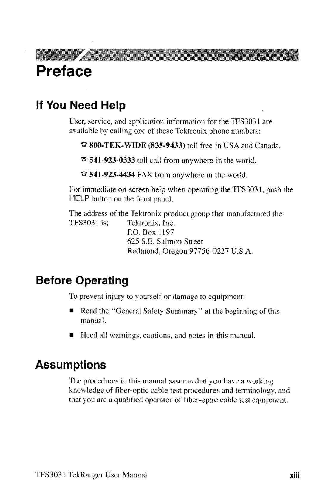 Tektronix TFS3031 manual 