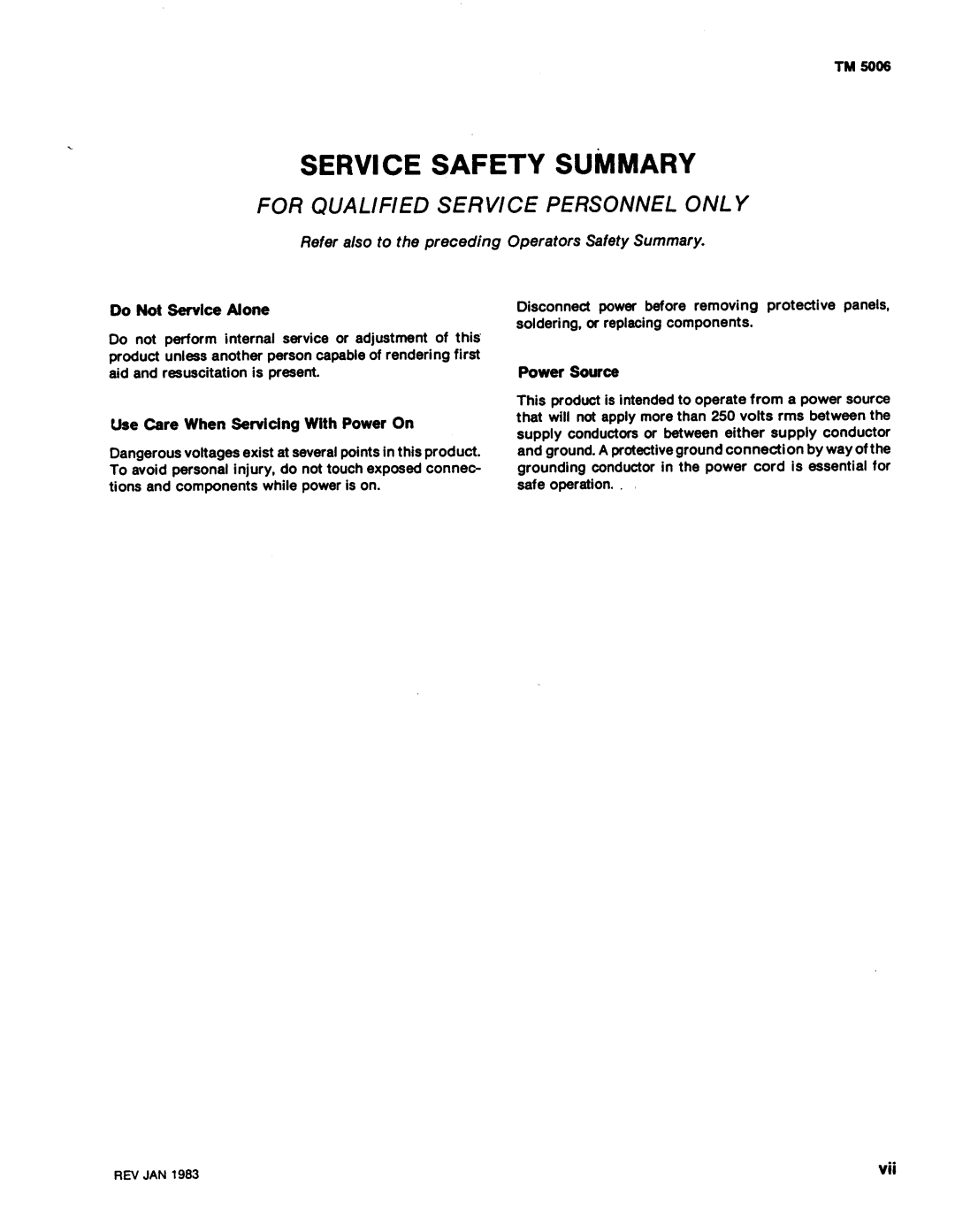 Tektronix TM 5006 manual Ervice Safety Summary 