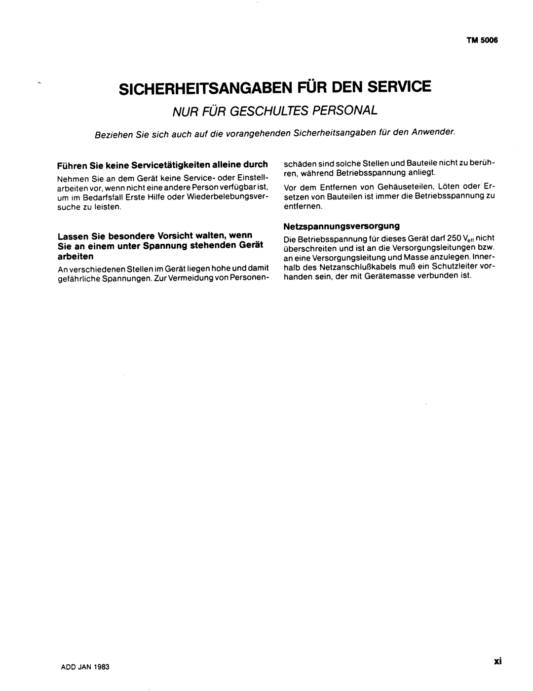 Tektronix TM 5006 manual Sicherheitsangaben FUR DEN Service, 1983 