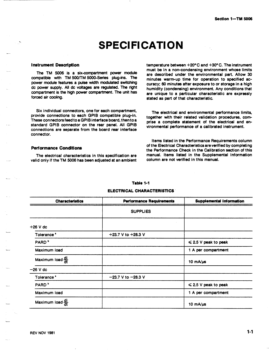 Tektronix TM 5006 manual Electrical Characteristics, Supplies, Pard 